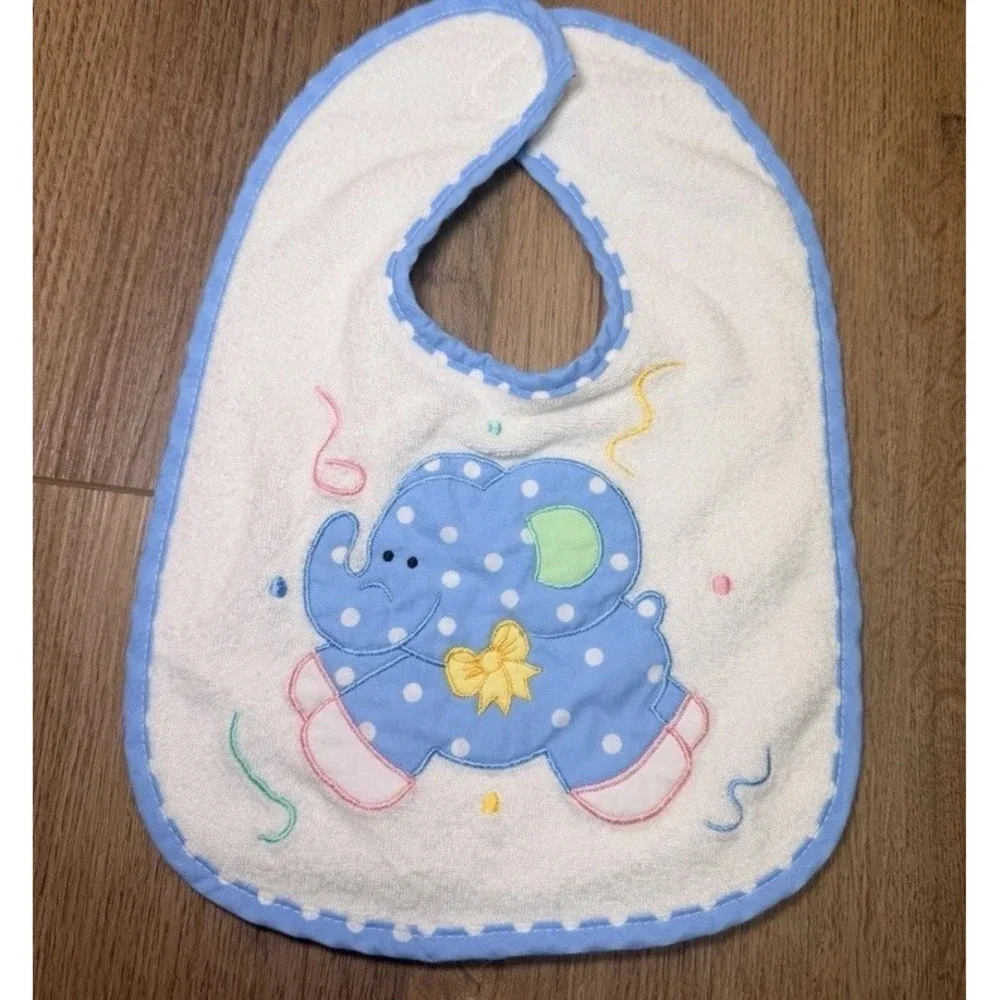 Vintage Baby Bib Blue Elephant Polka‎ Dot Terry Cloth Retro Nursery Babycore